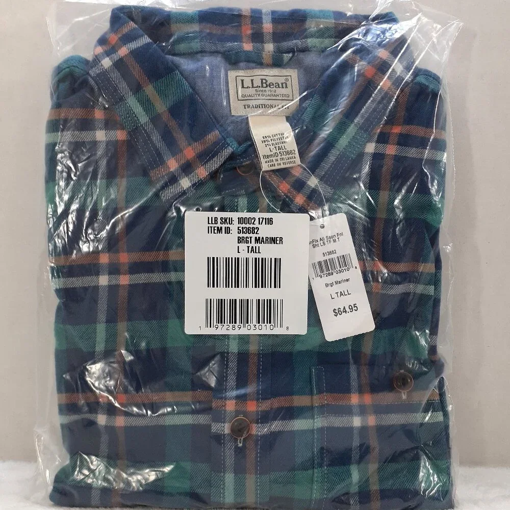 LL Bean Flannel Shirt Mens Long Sleeve L Tall Plaid Traditional Fit NWT Sealed - Picture 1 of 12